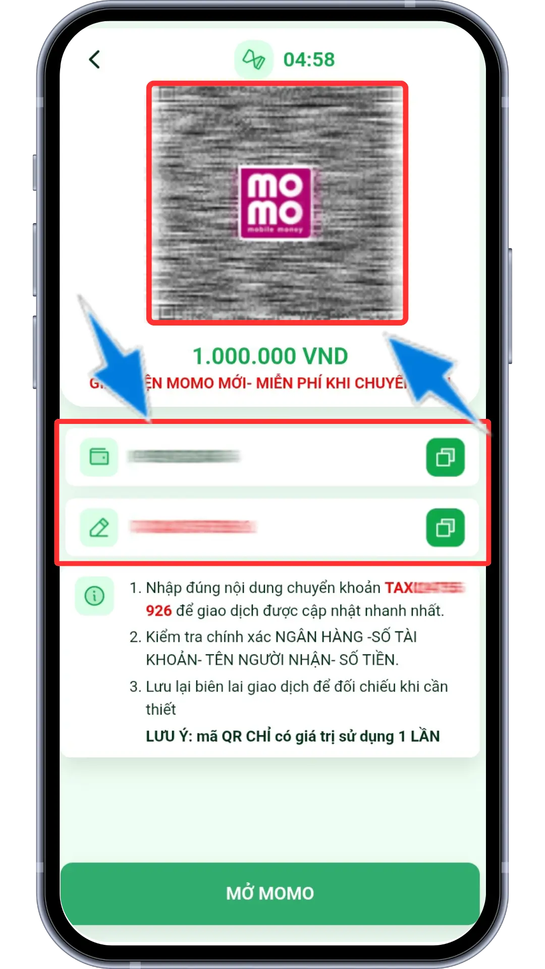 Bước 3 : Sao chép thông tin nạp tiền hoặc quét mã để chuyển khoản